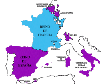 Territoire d'Espagne et de France en 1700.