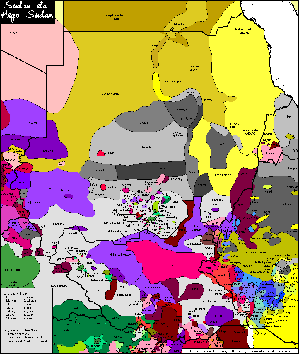 Sudan & Southern Sudan - Linguistic map